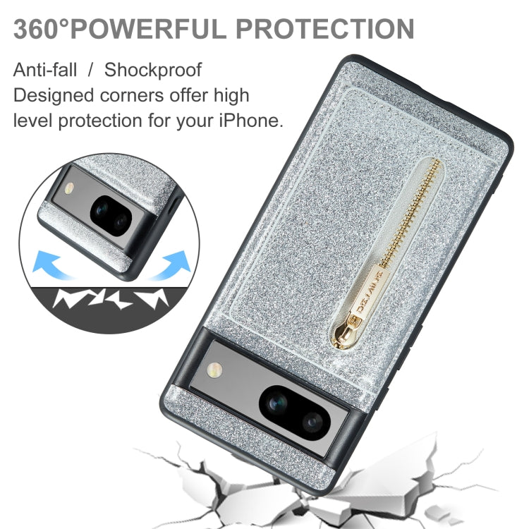 For Google Pixel 7A DG.MING M3 Series Glitter Powder Card Bag Leather Case(Silver) - Google Cases by DG.MING | Online Shopping UK | buy2fix