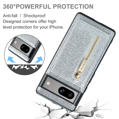 For Google Pixel 7A DG.MING M3 Series Glitter Powder Card Bag Leather Case(Silver) - Google Cases by DG.MING | Online Shopping UK | buy2fix