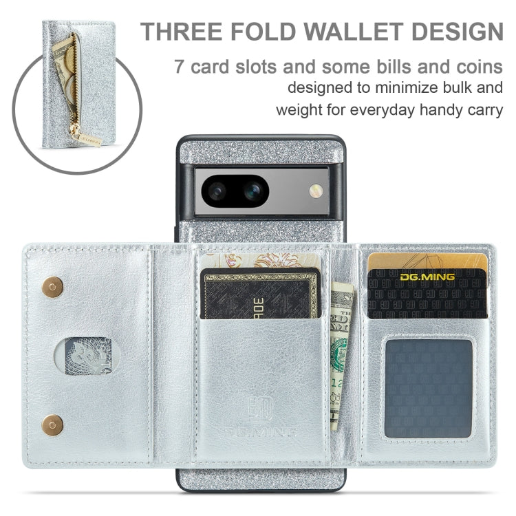 For Google Pixel 7A DG.MING M3 Series Glitter Powder Card Bag Leather Case(Silver) - Google Cases by DG.MING | Online Shopping UK | buy2fix