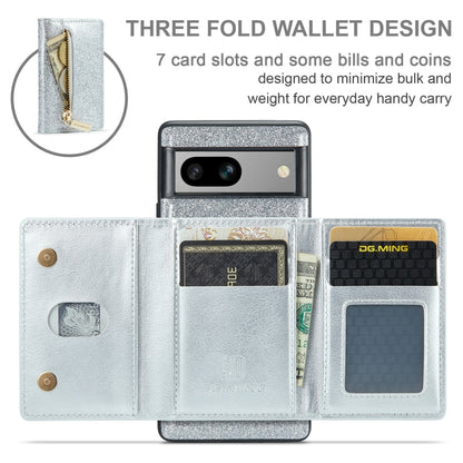 For Google Pixel 7A DG.MING M3 Series Glitter Powder Card Bag Leather Case(Silver) - Google Cases by DG.MING | Online Shopping UK | buy2fix