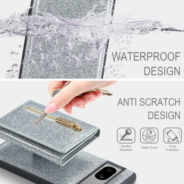 For Google Pixel 7A DG.MING M3 Series Glitter Powder Card Bag Leather Case(Silver) - Google Cases by DG.MING | Online Shopping UK | buy2fix