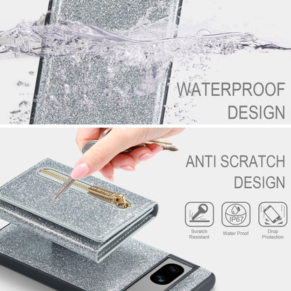 For Google Pixel 7A DG.MING M3 Series Glitter Powder Card Bag Leather Case(Silver) - Google Cases by DG.MING | Online Shopping UK | buy2fix
