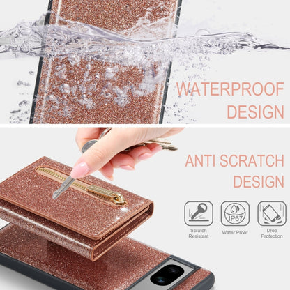 For Google Pixel 7A DG.MING M3 Series Glitter Powder Card Bag Leather Case(Rose Gold) - Google Cases by DG.MING | Online Shopping UK | buy2fix