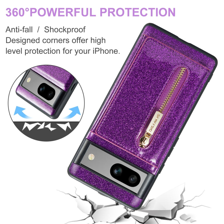 For Google Pixel 7A DG.MING M3 Series Glitter Powder Card Bag Leather Case(Dark Purple) - Google Cases by DG.MING | Online Shopping UK | buy2fix