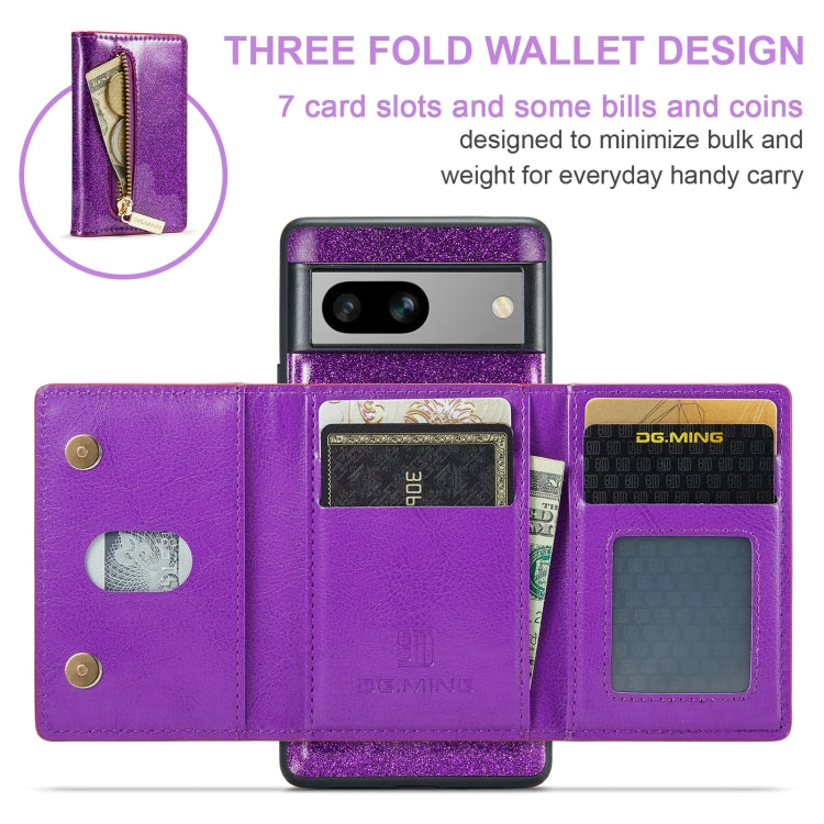 For Google Pixel 7A DG.MING M3 Series Glitter Powder Card Bag Leather Case(Dark Purple) - Google Cases by DG.MING | Online Shopping UK | buy2fix