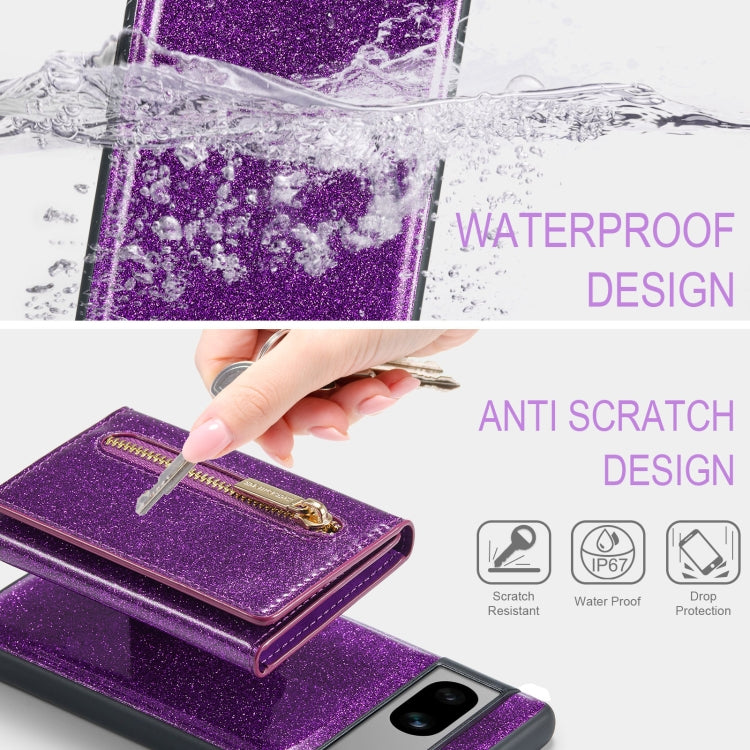 For Google Pixel 7A DG.MING M3 Series Glitter Powder Card Bag Leather Case(Dark Purple) - Google Cases by DG.MING | Online Shopping UK | buy2fix