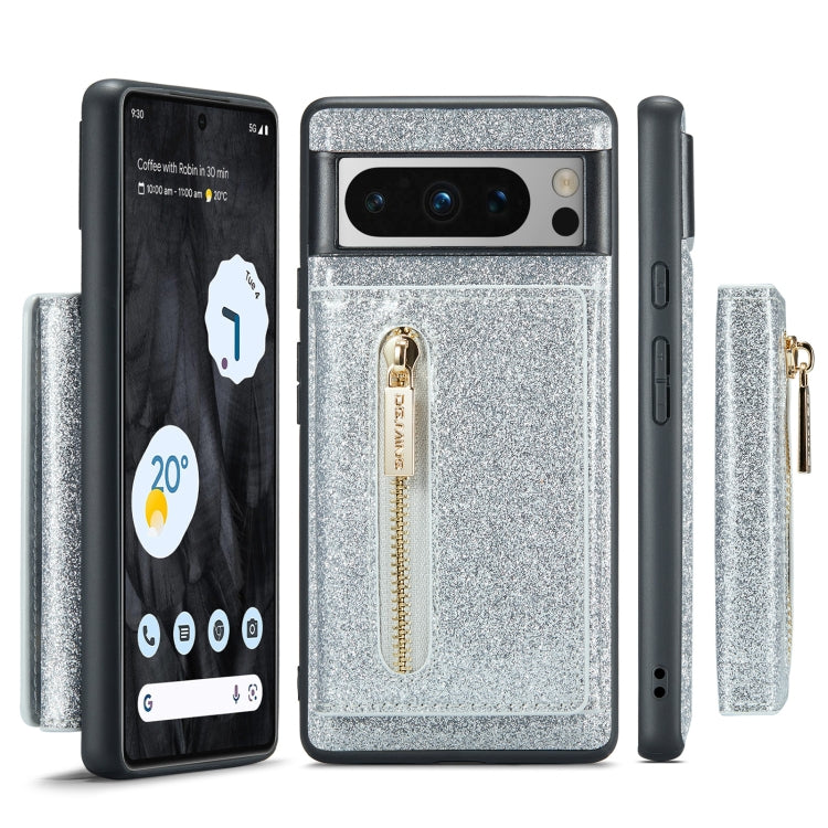 For Google Pixel 8 Pro DG.MING M3 Series Glitter Powder Card Bag Leather Case(Silver) - Google Cases by DG.MING | Online Shopping UK | buy2fix