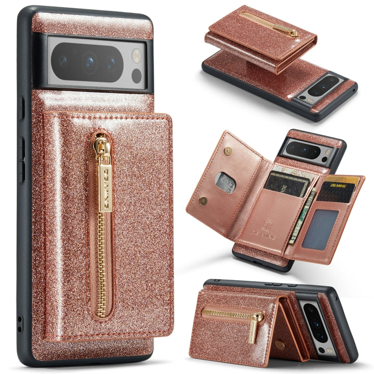 For Google Pixel 8 Pro DG.MING M3 Series Glitter Powder Card Bag Leather Case(Rose Gold) - Google Cases by DG.MING | Online Shopping UK | buy2fix