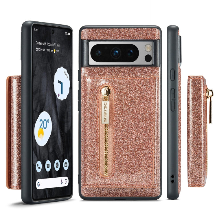 For Google Pixel 8 Pro DG.MING M3 Series Glitter Powder Card Bag Leather Case(Rose Gold) - Google Cases by DG.MING | Online Shopping UK | buy2fix