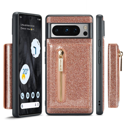 For Google Pixel 8 Pro DG.MING M3 Series Glitter Powder Card Bag Leather Case(Rose Gold) - Google Cases by DG.MING | Online Shopping UK | buy2fix
