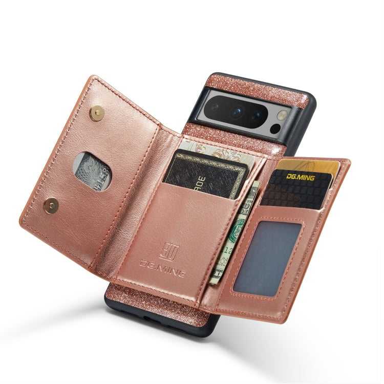 For Google Pixel 8 Pro DG.MING M3 Series Glitter Powder Card Bag Leather Case(Rose Gold) - Google Cases by DG.MING | Online Shopping UK | buy2fix