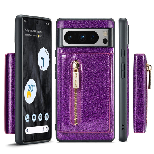 For Google Pixel 8 Pro DG.MING M3 Series Glitter Powder Card Bag Leather Case(Dark Purple) - Google Cases by DG.MING | Online Shopping UK | buy2fix