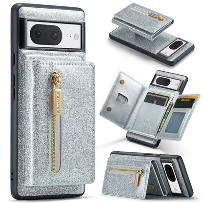 For Google Pixel 8 DG.MING M3 Series Glitter Powder Card Bag Leather Case(Silver) - Google Cases by DG.MING | Online Shopping UK | buy2fix