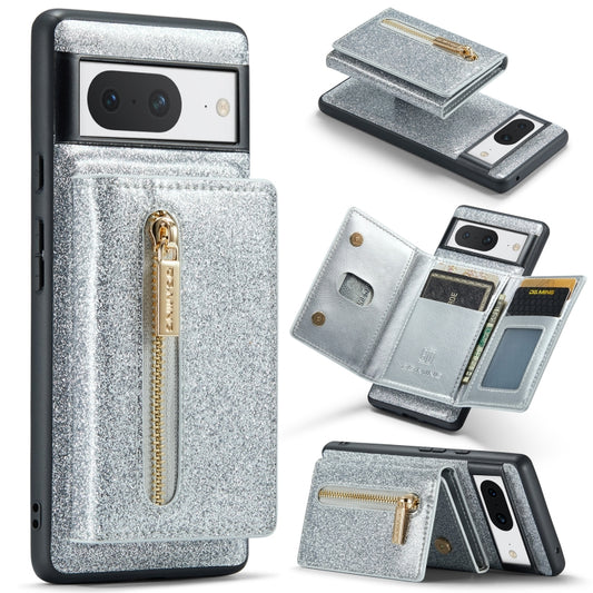 For Google Pixel 8 DG.MING M3 Series Glitter Powder Card Bag Leather Case(Silver) - Google Cases by DG.MING | Online Shopping UK | buy2fix