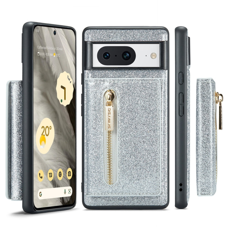 For Google Pixel 8 DG.MING M3 Series Glitter Powder Card Bag Leather Case(Silver) - Google Cases by DG.MING | Online Shopping UK | buy2fix