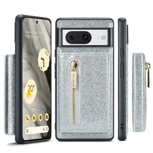 For Google Pixel 8 DG.MING M3 Series Glitter Powder Card Bag Leather Case(Silver) - Google Cases by DG.MING | Online Shopping UK | buy2fix