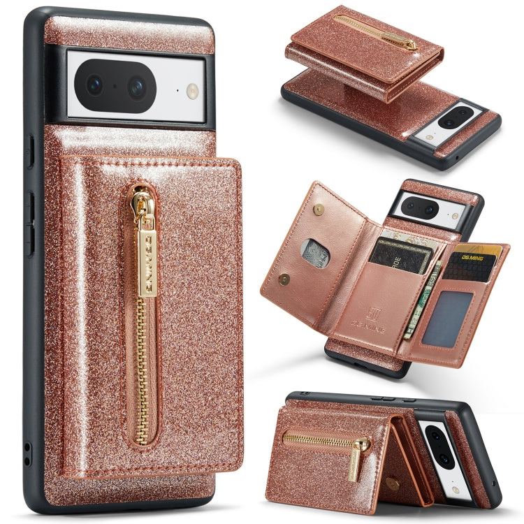 For Google Pixel 8 DG.MING M3 Series Glitter Powder Card Bag Leather Case(Rose Gold) - Google Cases by DG.MING | Online Shopping UK | buy2fix