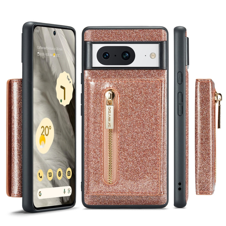 For Google Pixel 8 DG.MING M3 Series Glitter Powder Card Bag Leather Case(Rose Gold) - Google Cases by DG.MING | Online Shopping UK | buy2fix