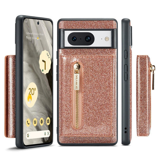For Google Pixel 8 DG.MING M3 Series Glitter Powder Card Bag Leather Case(Rose Gold) - Google Cases by DG.MING | Online Shopping UK | buy2fix