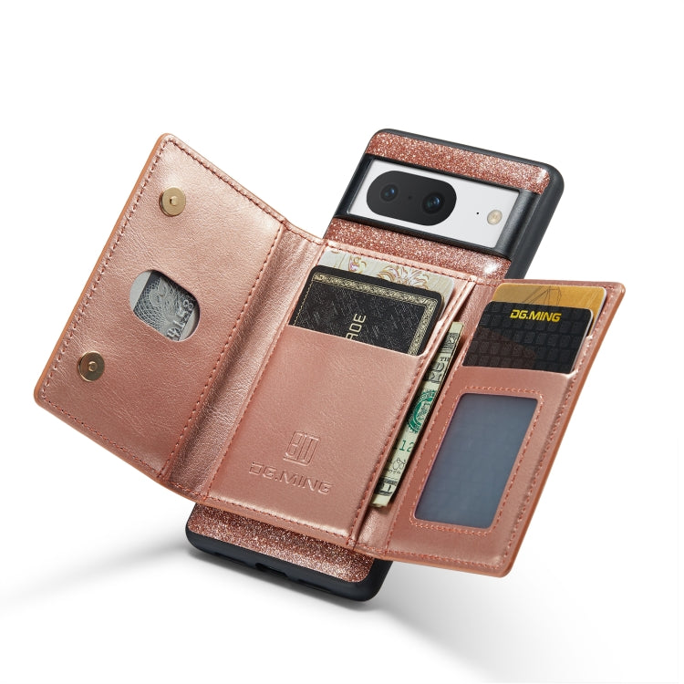 For Google Pixel 8 DG.MING M3 Series Glitter Powder Card Bag Leather Case(Rose Gold) - Google Cases by DG.MING | Online Shopping UK | buy2fix
