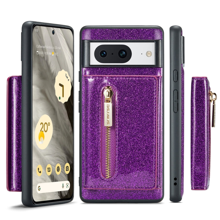 For Google Pixel 8 DG.MING M3 Series Glitter Powder Card Bag Leather Case(Dark Purple) - Google Cases by DG.MING | Online Shopping UK | buy2fix
