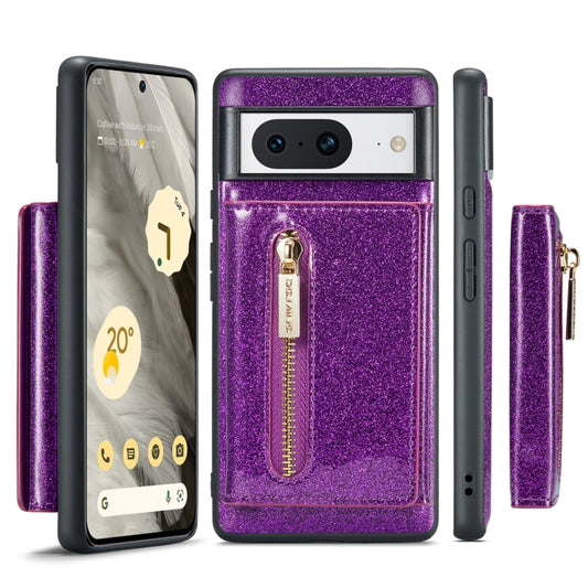 For Google Pixel 8 DG.MING M3 Series Glitter Powder Card Bag Leather Case(Dark Purple) - Google Cases by DG.MING | Online Shopping UK | buy2fix