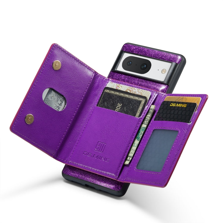 For Google Pixel 8 DG.MING M3 Series Glitter Powder Card Bag Leather Case(Dark Purple) - Google Cases by DG.MING | Online Shopping UK | buy2fix