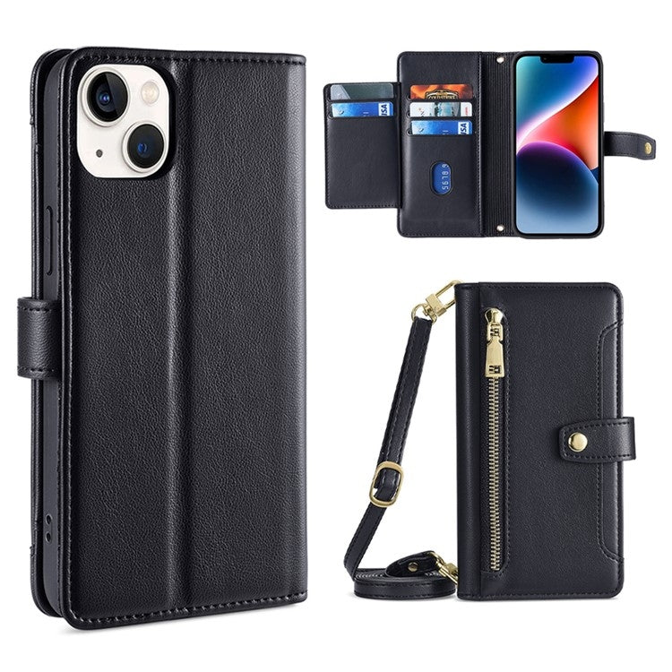 For iPhone 14 Sheep Texture Cross-body Zipper Wallet Leather Phone Case(Black) - iPhone 14 Cases by buy2fix | Online Shopping UK | buy2fix