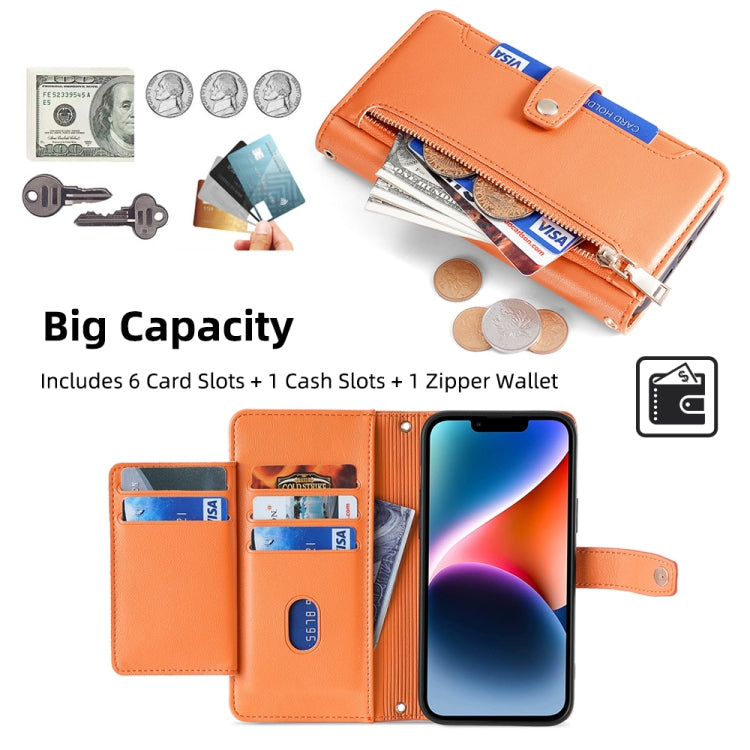For iPhone 14 Sheep Texture Cross-body Zipper Wallet Leather Phone Case(Orange) - iPhone 14 Cases by buy2fix | Online Shopping UK | buy2fix