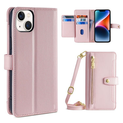 For iPhone 14 Sheep Texture Cross-body Zipper Wallet Leather Phone Case(Pink) - iPhone 14 Cases by buy2fix | Online Shopping UK | buy2fix