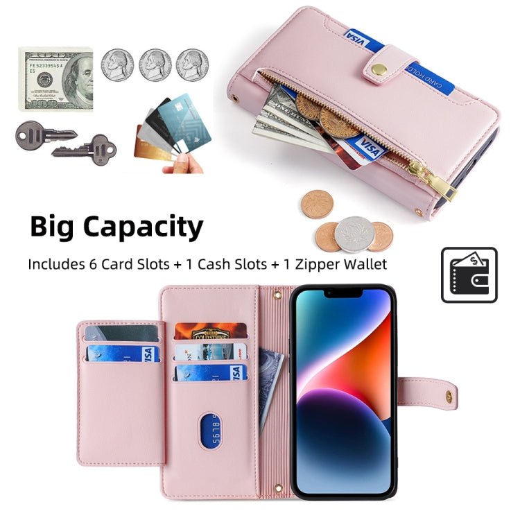 For iPhone 14 Sheep Texture Cross-body Zipper Wallet Leather Phone Case(Pink) - iPhone 14 Cases by buy2fix | Online Shopping UK | buy2fix