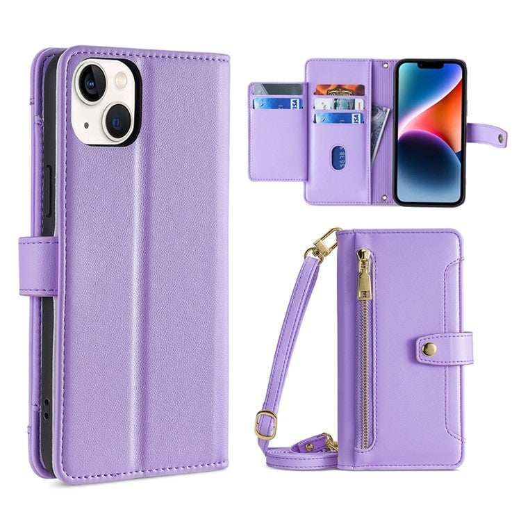For iPhone 14 Sheep Texture Cross-body Zipper Wallet Leather Phone Case(Purple) - iPhone 14 Cases by buy2fix | Online Shopping UK | buy2fix