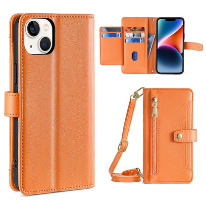 For iPhone 14 Plus Sheep Texture Cross-body Zipper Wallet Leather Phone Case(Orange) - iPhone 14 Plus Cases by buy2fix | Online Shopping UK | buy2fix