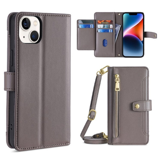For iPhone 14 Plus Sheep Texture Cross-body Zipper Wallet Leather Phone Case(Grey) - iPhone 14 Plus Cases by buy2fix | Online Shopping UK | buy2fix