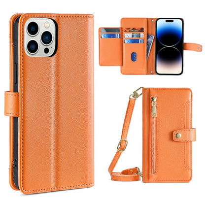 For iPhone 14 Pro Sheep Texture Cross-body Zipper Wallet Leather Phone Case(Orange) - iPhone 14 Pro Cases by buy2fix | Online Shopping UK | buy2fix