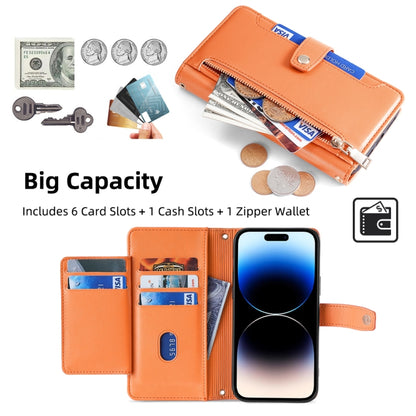 For iPhone 14 Pro Max Sheep Texture Cross-body Zipper Wallet Leather Phone Case(Orange) - iPhone 14 Pro Max Cases by buy2fix | Online Shopping UK | buy2fix