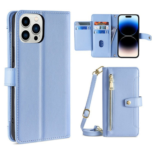 For iPhone 14 Pro Max Sheep Texture Cross-body Zipper Wallet Leather Phone Case(Blue) - iPhone 14 Pro Max Cases by buy2fix | Online Shopping UK | buy2fix