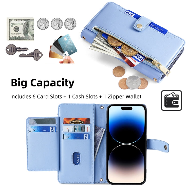 For iPhone 14 Pro Max Sheep Texture Cross-body Zipper Wallet Leather Phone Case(Blue) - iPhone 14 Pro Max Cases by buy2fix | Online Shopping UK | buy2fix