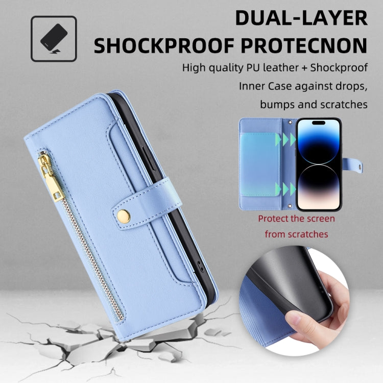 For iPhone 14 Pro Max Sheep Texture Cross-body Zipper Wallet Leather Phone Case(Blue) - iPhone 14 Pro Max Cases by buy2fix | Online Shopping UK | buy2fix
