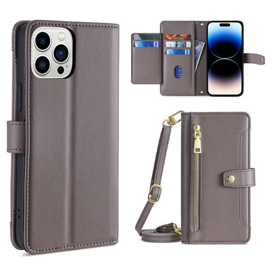 For iPhone 14 Pro Max Sheep Texture Cross-body Zipper Wallet Leather Phone Case(Grey) - iPhone 14 Pro Max Cases by buy2fix | Online Shopping UK | buy2fix