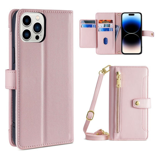 For iPhone 14 Pro Max Sheep Texture Cross-body Zipper Wallet Leather Phone Case(Pink) - iPhone 14 Pro Max Cases by buy2fix | Online Shopping UK | buy2fix