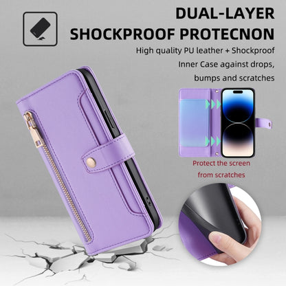 For iPhone 14 Pro Max Sheep Texture Cross-body Zipper Wallet Leather Phone Case(Purple) - iPhone 14 Pro Max Cases by buy2fix | Online Shopping UK | buy2fix
