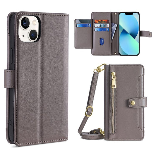 For iPhone 13 mini Sheep Texture Cross-body Zipper Wallet Leather Phone Case(Grey) - iPhone 13 mini Cases by buy2fix | Online Shopping UK | buy2fix