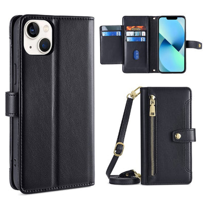 For iPhone 13 Sheep Texture Cross-body Zipper Wallet Leather Phone Case(Black) - iPhone 13 Cases by buy2fix | Online Shopping UK | buy2fix