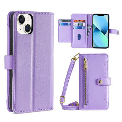 For iPhone 13 Sheep Texture Cross-body Zipper Wallet Leather Phone Case(Purple) - iPhone 13 Cases by buy2fix | Online Shopping UK | buy2fix