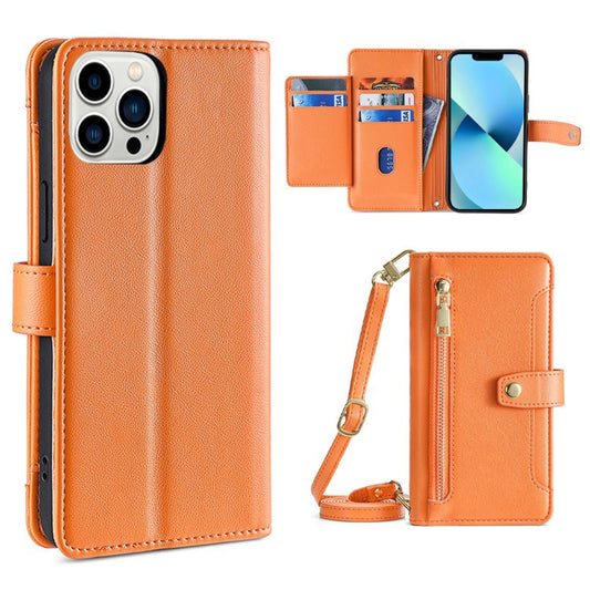 For iPhone 13 Pro Sheep Texture Cross-body Zipper Wallet Leather Phone Case(Orange) - iPhone 13 Pro Cases by buy2fix | Online Shopping UK | buy2fix
