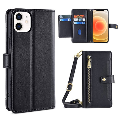 For iPhone 12 mini Sheep Texture Cross-body Zipper Wallet Leather Phone Case(Black) - iPhone 12 mini Cases by buy2fix | Online Shopping UK | buy2fix