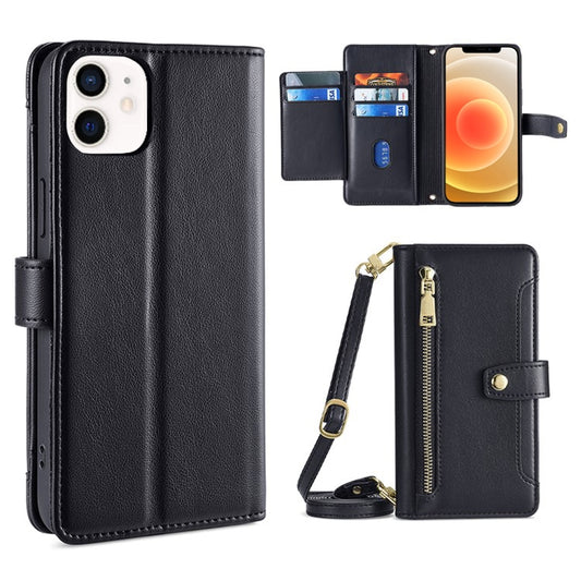 For iPhone 12 mini Sheep Texture Cross-body Zipper Wallet Leather Phone Case(Black) - iPhone 12 mini Cases by buy2fix | Online Shopping UK | buy2fix