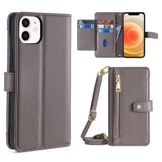 For iPhone 12 mini Sheep Texture Cross-body Zipper Wallet Leather Phone Case(Grey) - iPhone 12 mini Cases by buy2fix | Online Shopping UK | buy2fix