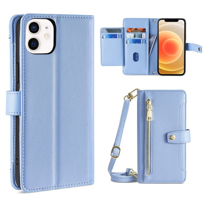 For iPhone 12 / 12 Pro Sheep Texture Cross-body Zipper Wallet Leather Phone Case(Blue) - iPhone 12 / 12 Pro Cases by buy2fix | Online Shopping UK | buy2fix